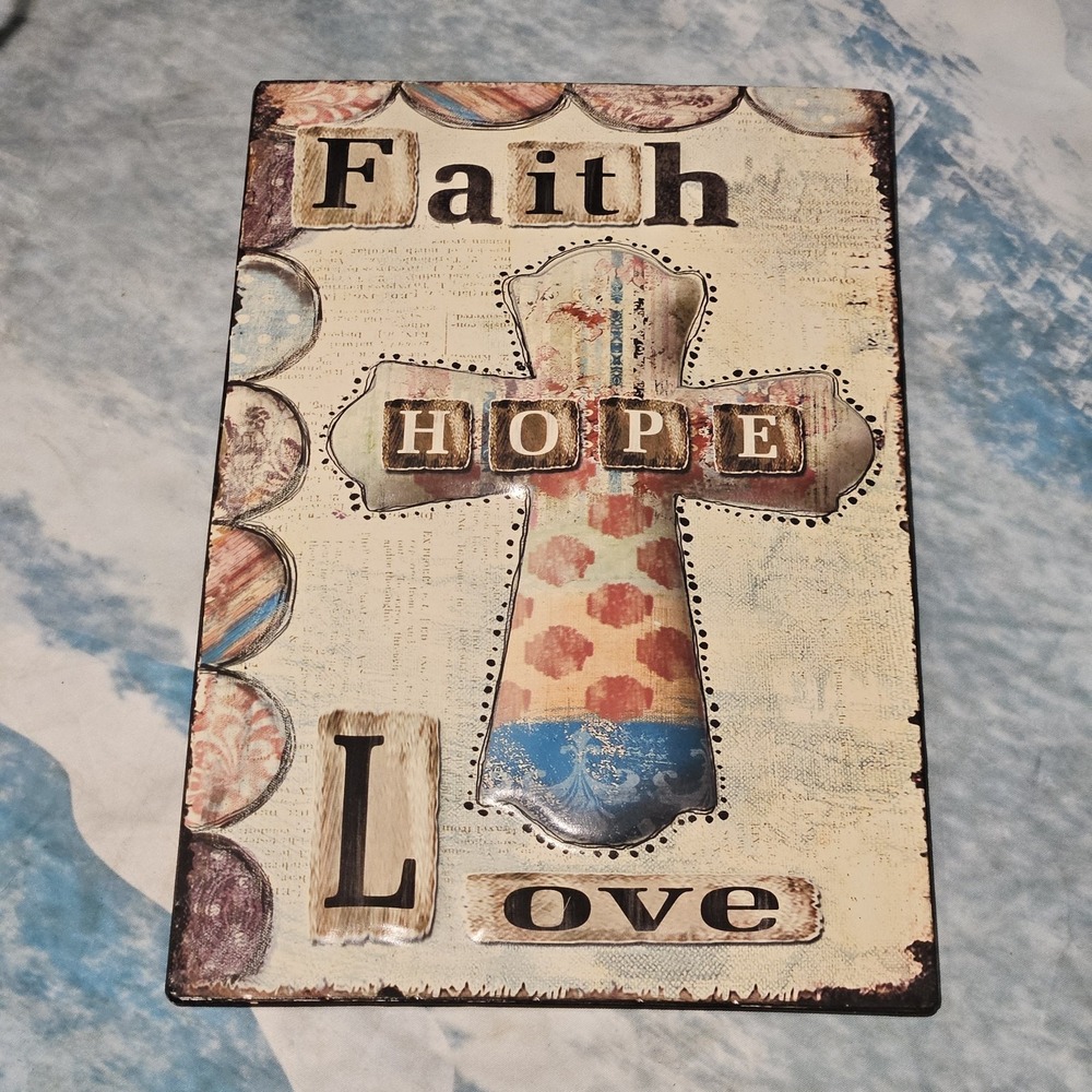 Faith Hope Love Metal Cross Wall Plaque Christian Folk Art Decor